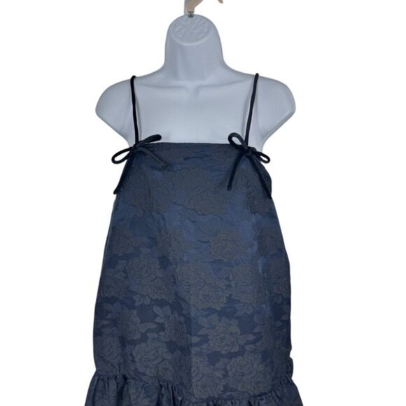 GANNI NEW Navy Blue Botanical Jacquard Formal Bow Strap Midi Dress Size 6 - Picture 7 of 14
